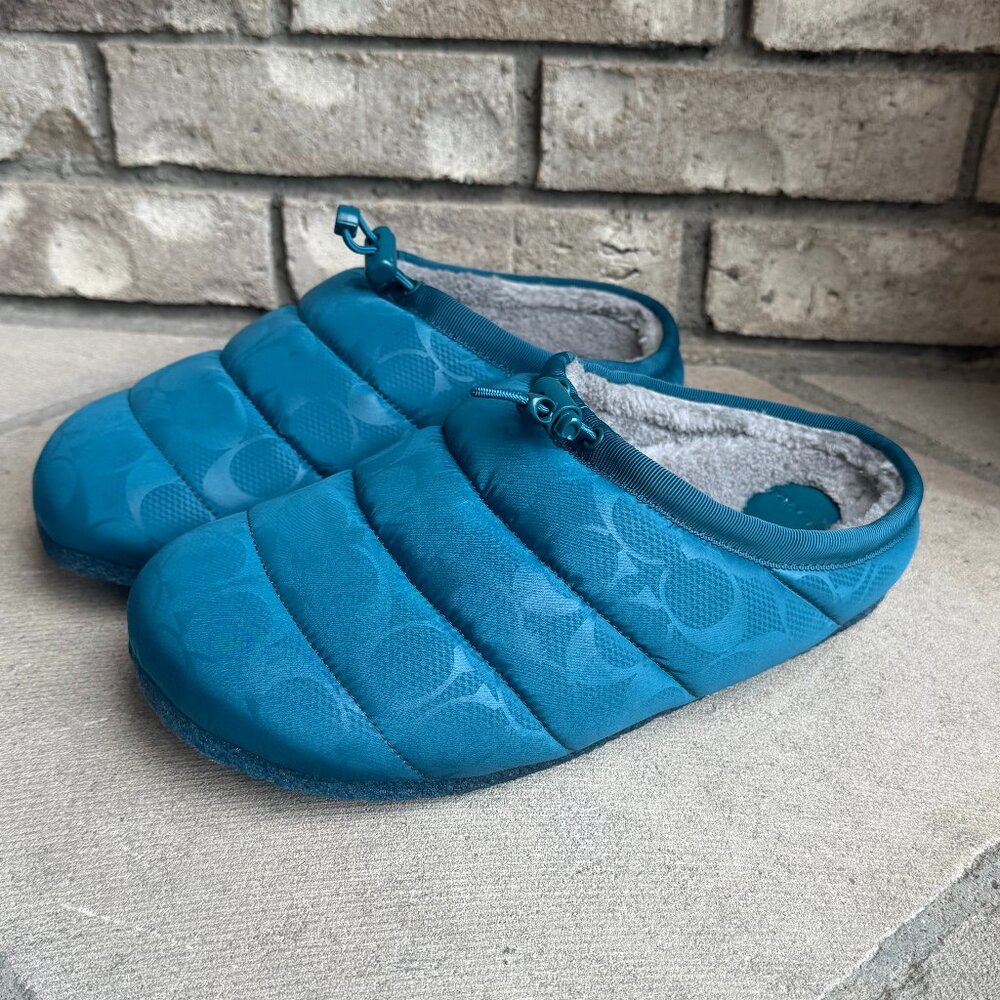 COACH RACHELLE SIGNATURE MONOGRAM SLIPPERS 9 Women's Quilted Leather Blue New